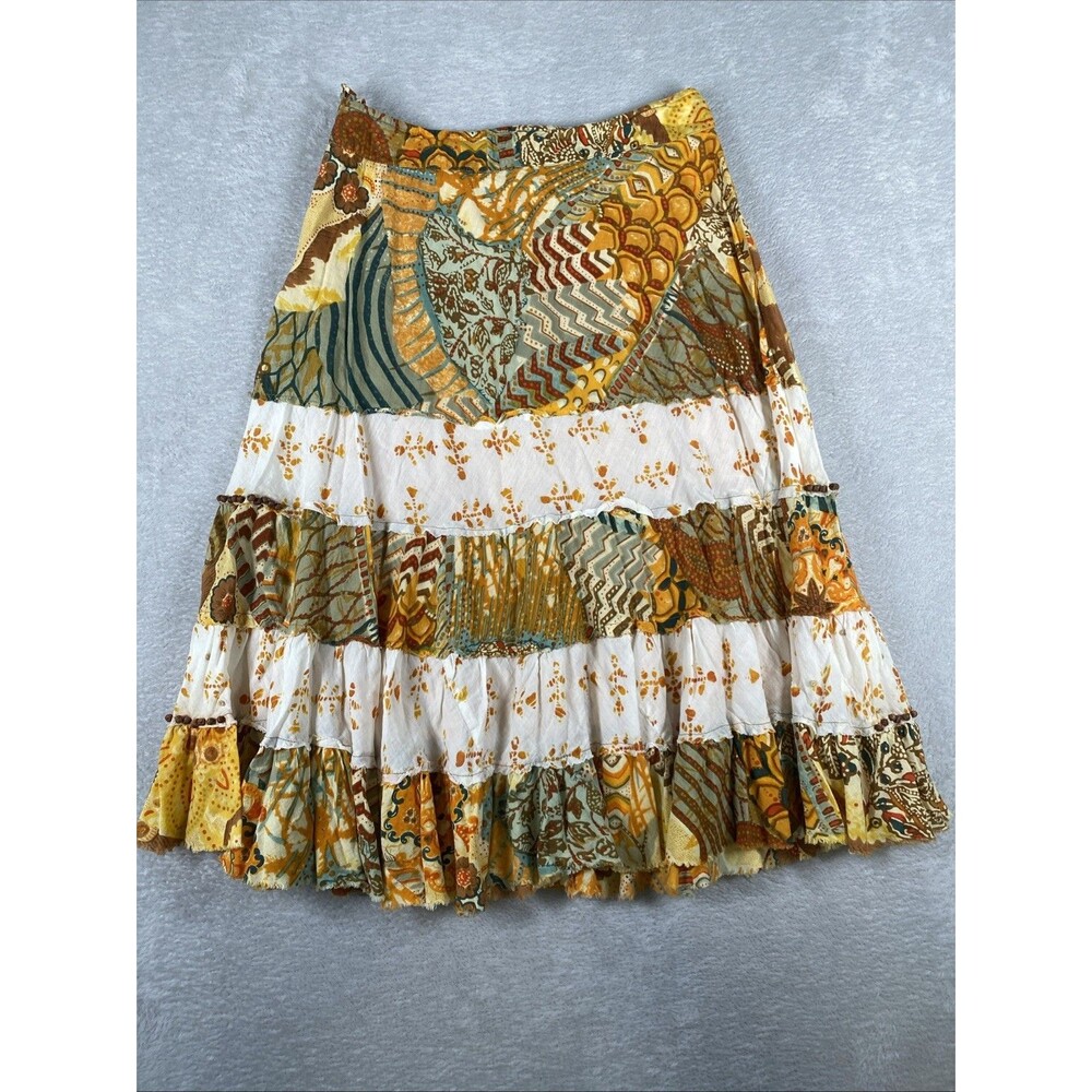 Alberto Makali Tiered Patchwork Midi Skirt Size 8 Brown Forrest Boho Gypsy Whims - Picture 8 of 8